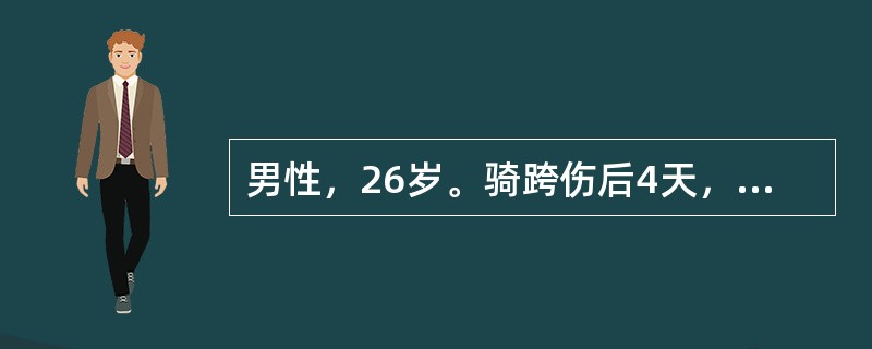 男性，26岁。骑跨伤后4天，排尿困难，尿道口仍流血。查体：体温38.5℃，阴囊明