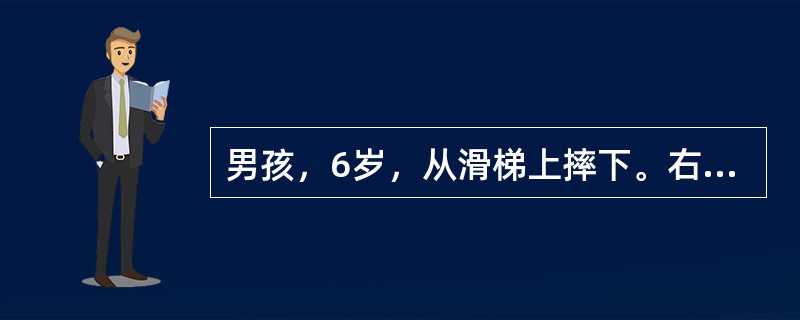 男孩，6岁，从滑梯上摔下。右手掌先着地，伤后右肘肿痛，不敢活动。X线拍片见右肱骨