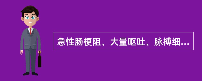 急性肠梗阻、大量呕吐、脉搏细数、血压下降为