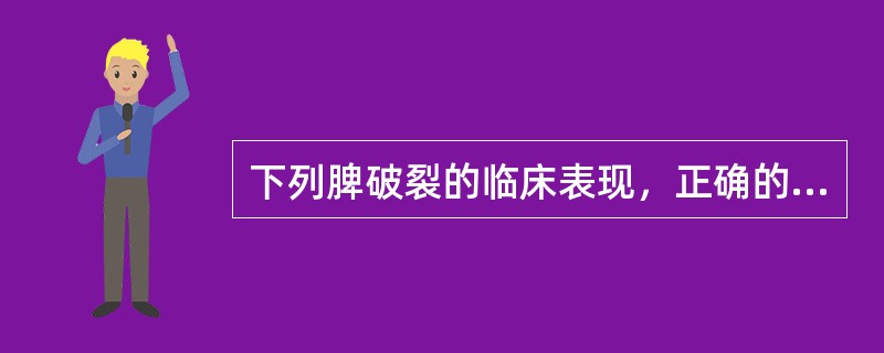 下列脾破裂的临床表现，正确的是A、休克B、腹痛，腹膜刺激症状C、脾区叩击痛D、膈