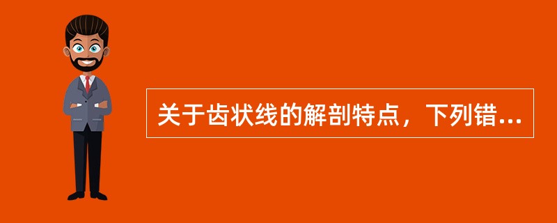 关于齿状线的解剖特点，下列错误的是A、齿状线以上是直肠上下动脉供应；齿状线以下是