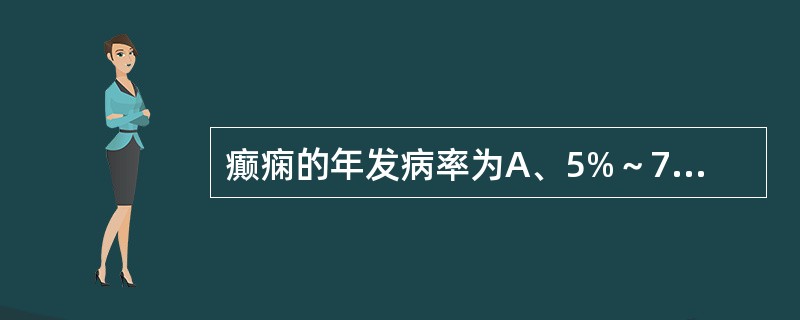 癫痫的年发病率为A、5%～7%B、5‰～7‰C、(5～7)£¯万D、(5～7)£