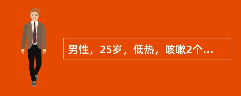 男性，25岁，低热，咳嗽2个月。X线胸片示右上叶后段2cm×2cm圆形阴影，边缘