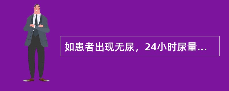 如患者出现无尿，24小时尿量应少于多少A、1000mlB、500mlC、400m