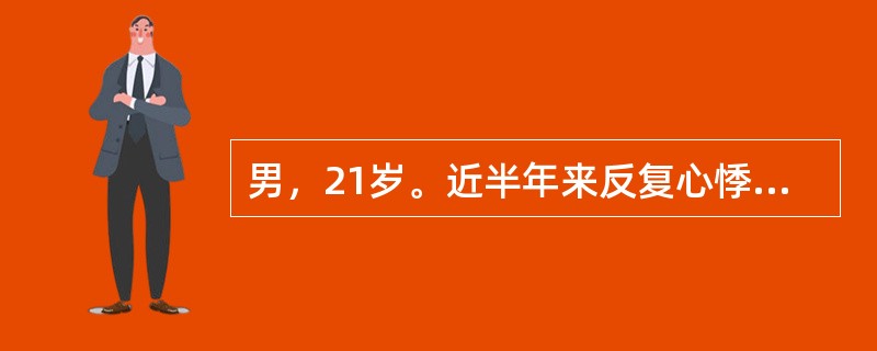男，21岁。近半年来反复心悸、胸痛、劳力性呼吸困难，时有头晕或短暂神志丧失。查体