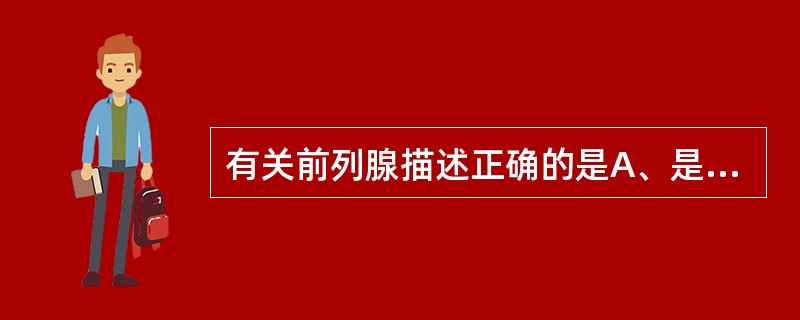 有关前列腺描述正确的是A、是成对的实质性器官B、由腺组织和结缔组织构成C、前列腺