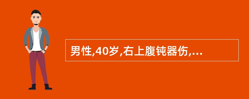 男性,40岁,右上腹钝器伤,查体:呼吸加快,神志不清,脉搏140次£¯分,血压7