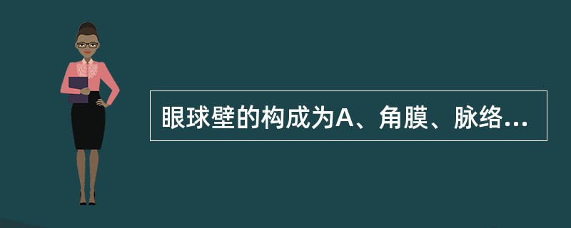 眼球壁的构成为A、角膜、脉络膜和视网膜B、外膜、脉络膜和内膜C、纤维膜、血管膜和