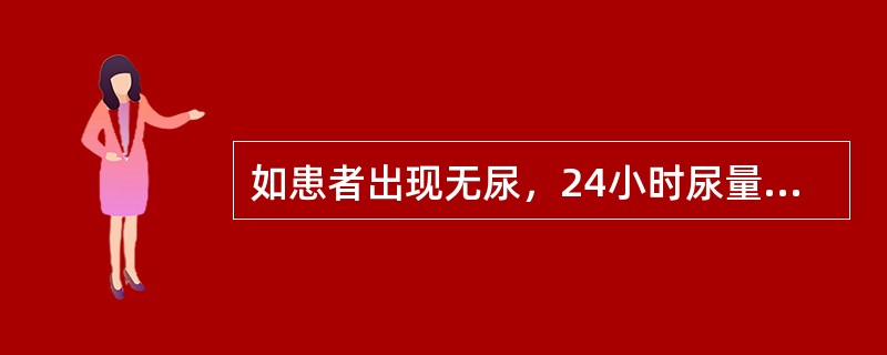 如患者出现无尿，24小时尿量应少于（）。