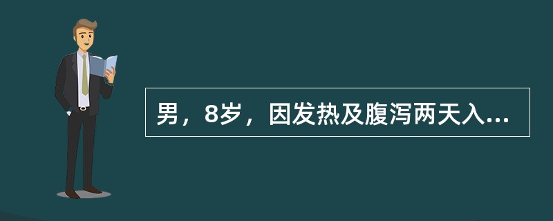 男，8岁，因发热及腹泻两天入院，入院前1天突然腹痛、恶心，继以阵发性腹痛、腹泻，