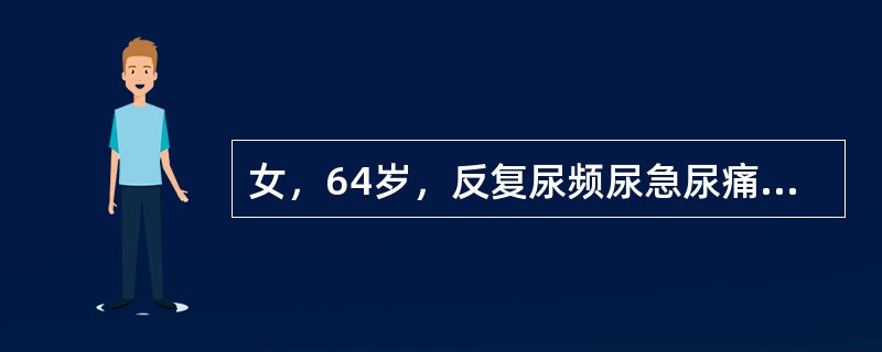 女，64岁，反复尿频尿急尿痛6年余，尿常规检查：红细胞(++)，白细胞(++)。