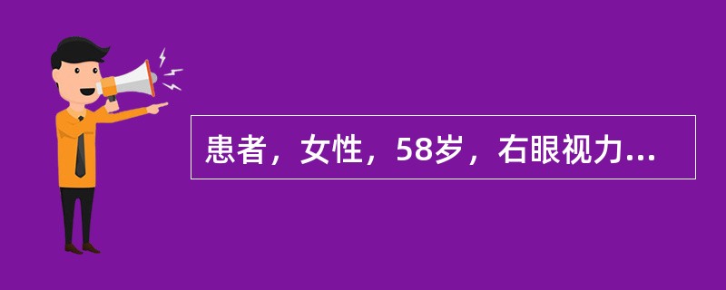 患者，女性，58岁，右眼视力下降3个月，伴眼痛3天。VodHM／10cm，Tod