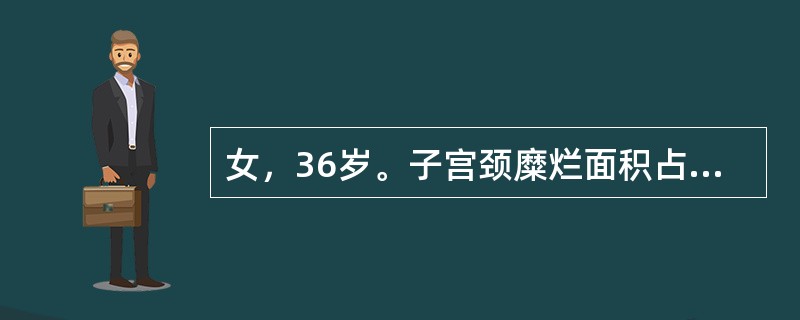 女，36岁。子宫颈糜烂面积占宫颈2/3，呈颗粒红色区。此患者的宫颈糜烂面积和程度