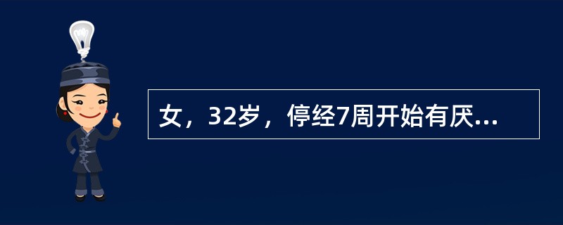 女，32岁，停经7周开始有厌食，恶心，1周后呕吐频繁，不能进食，近2天饮水也吐，