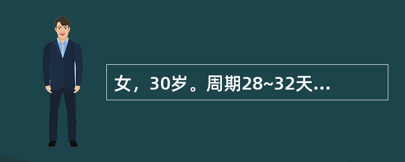 女，30岁。周期28~32天，因停经54天，少量阴道出血伴下腹痛2天入院。妇科检