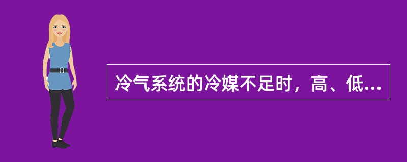 冷气系统的冷媒不足时，高、低压表显示（）。