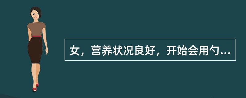 女，营养状况良好，开始会用勺子吃饭，会指出简单的人、物名和图片，能双脚跳。女孩的