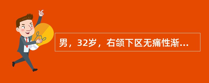 男，32岁，右颌下区无痛性渐增性肿块发现4年，肿块触诊质软，压缩感（±），体位试