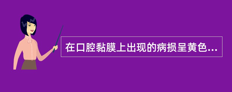 在口腔黏膜上出现的病损呈黄色小疱状突，同时其中也夹杂有红色小疱，周界不清楚，常发