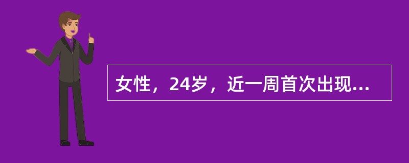 女性，24岁，近一周首次出现阴道分泌物增多伴尿频。查体：宫颈口见黏液脓性分泌物，