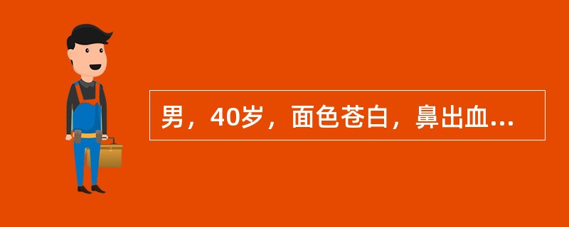 男，40岁，面色苍白，鼻出血、皮肤淤点2月；体检：中度贫血貌，皮肤散在淤点，脾肋