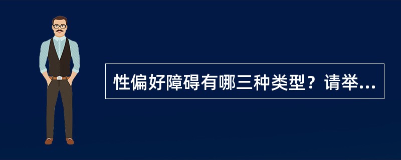 性偏好障碍有哪三种类型？请举出每种类型的至少两种性偏好障碍。