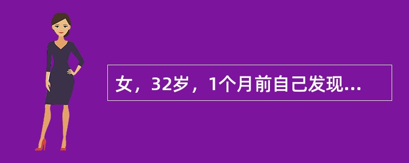 女，32岁，1个月前自己发现阴道口有一肿块，有增大趋势，伴肿痛。妇科检查：右侧大