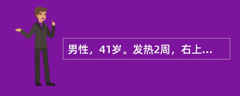 男性，41岁。发热2周，右上腹及右腰部疼痛1周。体检：右上腹隆起，肝肋下3cm，