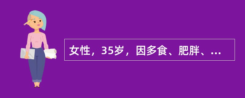 女性，35岁，因多食、肥胖、闭经、血糖高1年就诊。体检：身高160cm，体重75