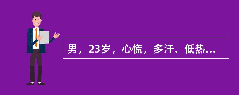 男，23岁，心慌，多汗、低热1周。查体：甲状腺左叶肿大、触痛、质硬。血FT3及F