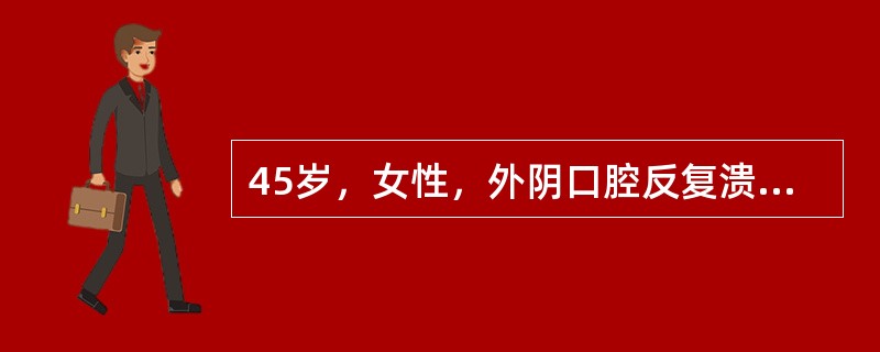 45岁，女性，外阴口腔反复溃疡3年，结膜充血1个月来诊。查体：舌面上多个溃疡，黄