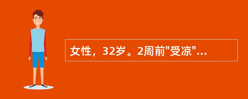 女性，32岁。2周前"受凉"后咳嗽，咳黄痰，伴寒战、高热，抗菌治疗后症状缓解。3