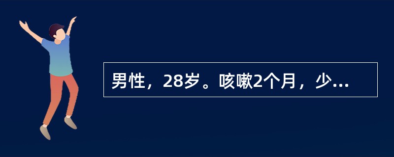 男性，28岁。咳嗽2个月，少量咳痰并带血，乏力，无明显低热，无消瘦，无淋巴结肿大