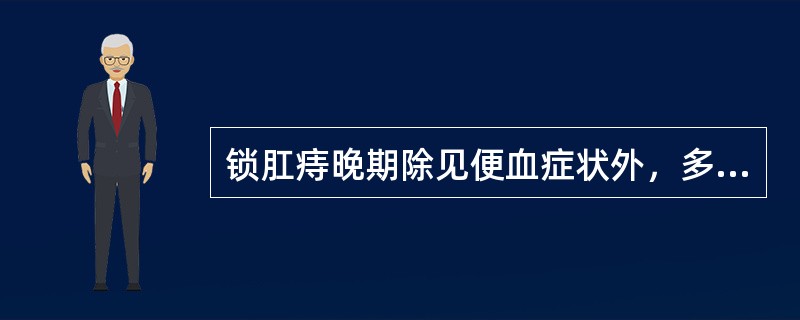 锁肛痔晚期除见便血症状外，多伴有（）、（）、（）、（）等症状。