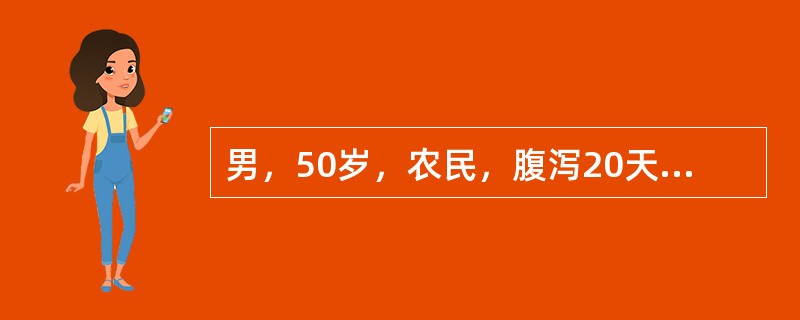 男，50岁，农民，腹泻20天，大便5～8次/天，呈暗红色糊状，量多，有腥臭味，无