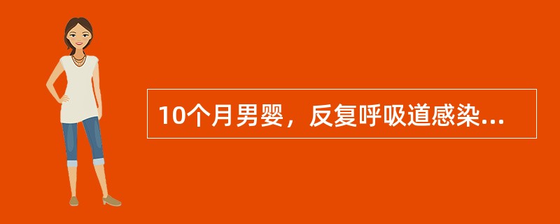 10个月男婴，反复呼吸道感染4个月，两次肺炎住院治疗。一周前发热，咳嗽，神萎，纳