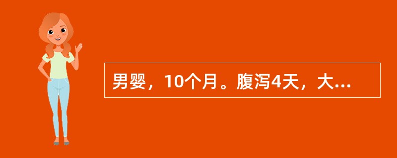 男婴，10个月。腹泻4天，大便15余次／日，蛋花汤样伴少量黏液，呕吐，4～5次／