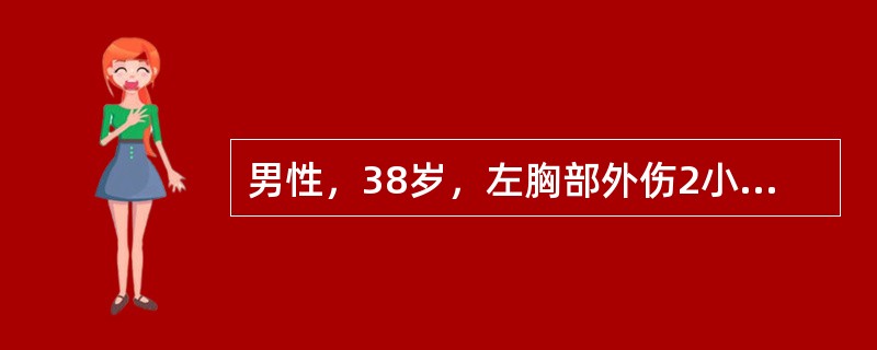 男性，38岁，左胸部外伤2小时。查体：心率120次／分，呼吸36次／分，血压80