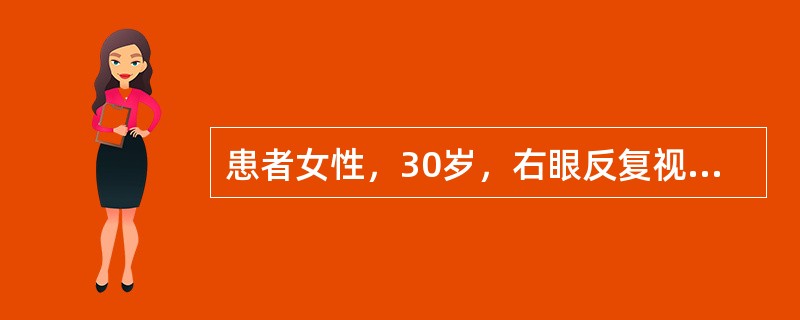 患者女性，30岁，右眼反复视矇发作3个月。Vod0．8（-4．00DS），Tod