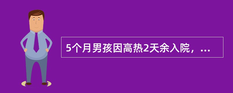 5个月男孩因高热2天余入院，查：发育营养好，浅表淋巴结不大，结膜充血，咽红，唇较