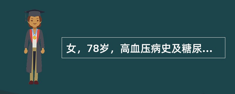 女，78岁，高血压病史及糖尿病史10余年，慢性肾功能不全，现尿少，浮肿，血肌酐3