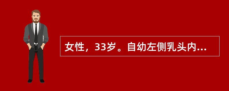 女性，33岁。自幼左侧乳头内陷，未哺乳。发现左乳肿物2周，肿物3cm×3cm，界