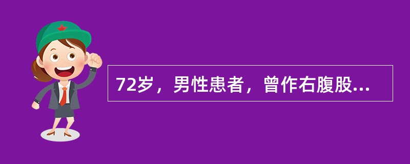 72岁，男性患者，曾作右腹股沟斜疝高位结扎+修补术，近期出现右腹股沟可复性肿块，