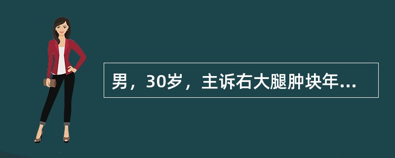 男，30岁，主诉右大腿肿块年余，逐渐增大，局部胀痛及压痛，请根据图像表现，选出最