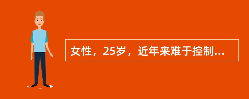 女性，25岁，近年来难于控制反复持续地服用一种药，药量不断增加，不服或减少服用量