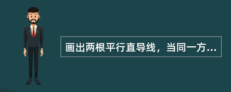 画出两根平行直导线，当同一方向流过电流时，导线受力的方向示意图。