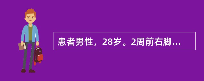 患者男性，28岁。2周前右脚皮肤划破，未予注意。3天前高热，皮肤瘀点就诊。血压8