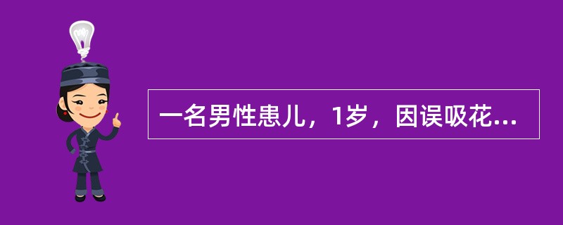 一名男性患儿，1岁，因误吸花生米后呛咳3天入院，做胸片发现右肺肺不张，听诊右肺呼