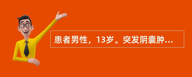 患者男性，13岁。突发阴囊肿胀，剧痛而来院诊治。超声显示：睾丸增大，回声增强，睾