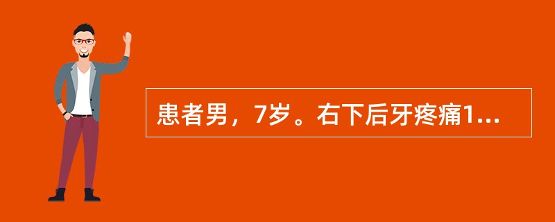 患者男，7岁。右下后牙疼痛1周，脸肿3天。检查，大面积龋坏，Ⅱ度松动，叩痛（++